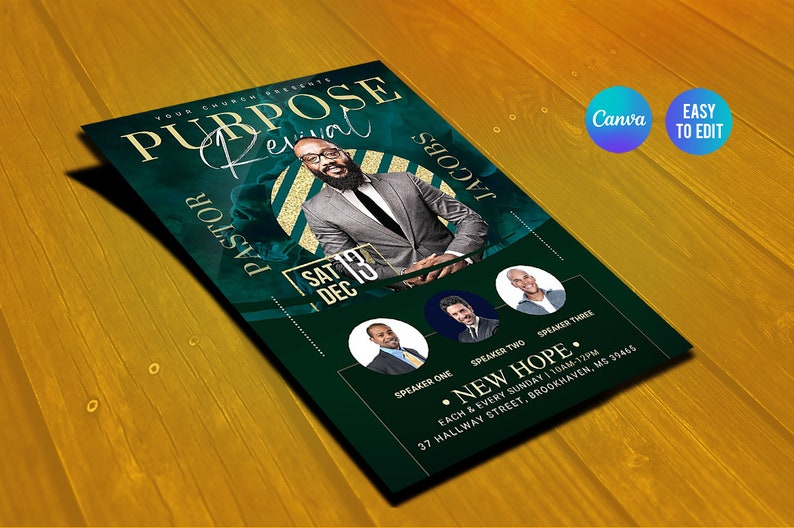 May include: A green and gold flyer with the text "PURPOSE Revival" and a picture of a man in a suit. The flyer also includes the text "PASTOR JACOBS" and "SAT 13 DEC".