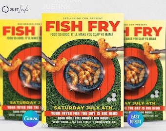 Könnte beinhalten: Werbeflyer für eine Fish Fry-Veranstaltung. Das Design zeigt einen gelben Hintergrund mit den Worten "FISH FRY" in Rot. Eine kreisförmige Grafik zeigt gebratenen Fisch und die Veranstaltungsdetails.
