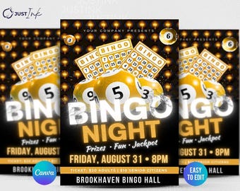 May include: A black and gold flyer with a large white text that says "Bingo Night". The flyer has a black background with gold lights and bingo cards. The flyer also has the text "Prizes - Fun - Jackpot" and "Friday, August 31 - 8PM".