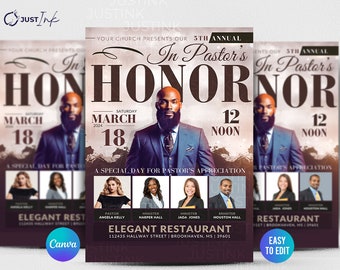 May include: A flyer for a church event titled "In Pastor's Honor" with a photo of a man in a suit. The event is on Saturday, March 18th at 12 noon. The flyer also includes the names and titles of the event's speakers.