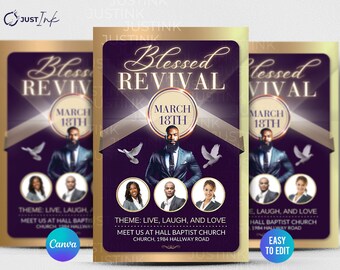 May include: A flyer for a church revival event. The flyer is gold and purple with a picture of a man in a suit and tie. The text on the flyer reads "Blessed Revival" and "March 18th".