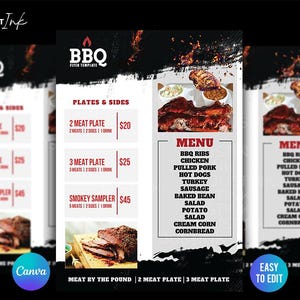 Plantilla de menú y volante para restaurante de barbacoa / Diseño de volante premium en Canva para hacer tú mismo, restaurante de barbacoa, promoción de comida al aire libre