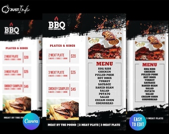 May include: A BBQ flyer template with a black and red design. The menu includes BBQ ribs, chicken, pulled pork, hot dogs, turkey, sausage, baked beans, salad, potato salad, creamed corn, and cornbread. The flyer also lists plates and sides.