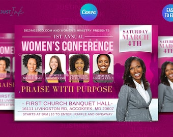 May include: A flyer for a women's conference with the title "Women's Conference" and the date "Saturday March 4th". The flyer features photos of four women, with their names and titles listed below their photos. The flyer also includes the text "Praise with Purpose" and the location of the conference: "First Church Banquet Hall - 16111 Livingston Rd, Accokeek, MD 20607".