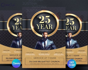 May include: A gold and black church flyer announcing a 25 year anniversary service. The flyer features a photo of a man in a suit and tie, and the text "25 Year Anniversary" in a gold circle. The service is at 7:00 AM at Siloam MB Baptist Church, 1984 Hallway Rd, Brookhaven, MS 39601.