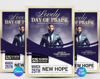 May include: A promotional flyer for a "Lovely Day of Praise" event, featuring a man in a suit. The design includes text elements such as "$25 to enter" and "March 25th". The flyer has a gold and navy blue color scheme.
