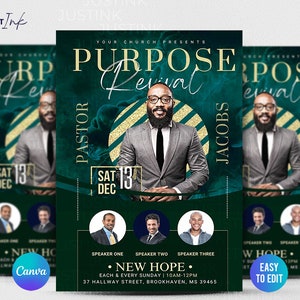 May include: A green and gold flyer with the text "Purpose Revival" and the date "Sat 13 Dec". The flyer features a photo of a man in a suit and tie, and the text "Pastor Jacobs".