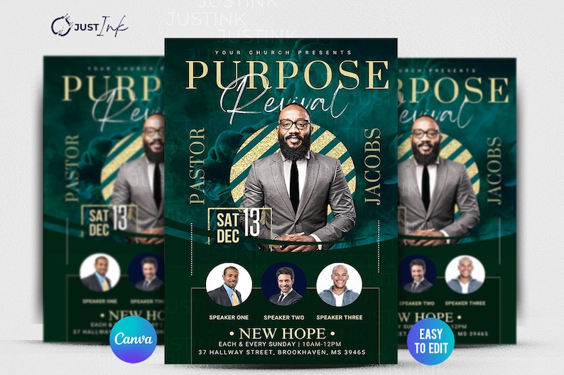 May include: A green and gold flyer with the text "Purpose Revival" and the date "Sat 13 Dec". The flyer features a photo of a man in a suit and tie, and the text "Pastor Jacobs".