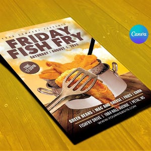 May include: A flyer for a Friday Fish Fry event. The image features fried fish, a serving utensil, and text that reads "FRIDAY FISH FRY" and "Saturday August 1, 2025". The flyer also includes the text "Canva" and "Easy to Edit".