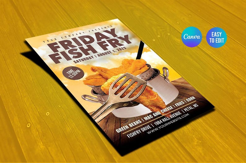 May include: A flyer for a Friday Fish Fry event. The image features fried fish, a serving utensil, and text that reads "FRIDAY FISH FRY" and "Saturday August 1, 2025". The flyer also includes the text "Canva" and "Easy to Edit".
