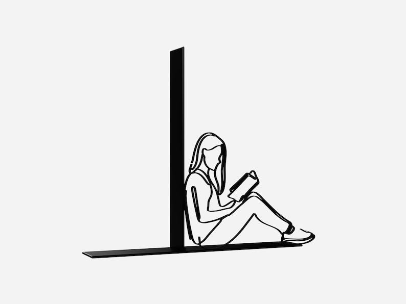 Op de afbeelding: Zwarte metalen boekenleggers in de vorm van een persoon die zit en een boek leest. De boekenleggers zijn modern en minimalistisch ontworpen.