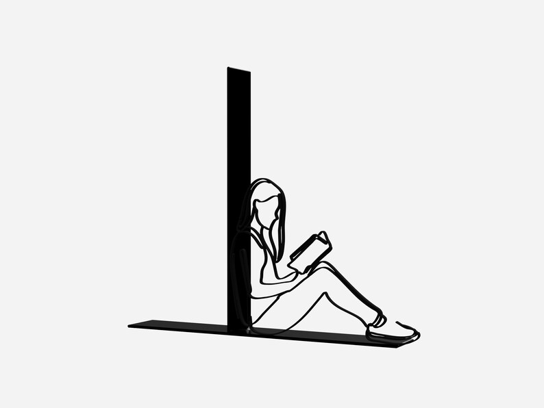 Op de afbeelding: Een zwarte lijntekening van een persoon die tegen een muur zit en een boek leest.