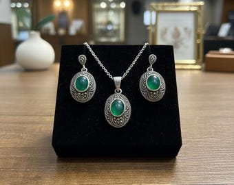 Vintage 925 Ayar Gümüş & Yeşil Akik Taşlı Gümüş Takı Seti