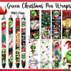 Könnte beinhalten: Grüne Weihnachts-Stiftverpackungen mit einem Grinch-Charakter in verschiedenen Posen. Die Designs beinhalten Text wie "Frohe Weihnachten", "Mit meinen Gnomies abhängen" und "Grinch mit meinen Gnomies".