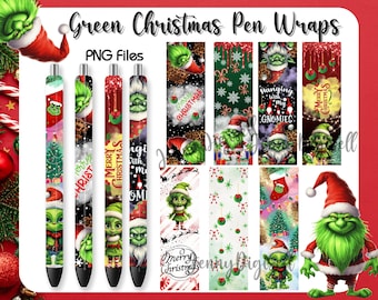 Green Christmas Pen Wraps [PNG], Green Gnome Christmas Set of 7 Designs, Winter, Snow, Leopard, Glitter Pen Wraps PNG
