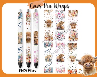 Highland Cows Pen Wraps Set of 6 Styles[PNG], Floral Highland cow pen wraps, Cow Pen Wraps [PNG]