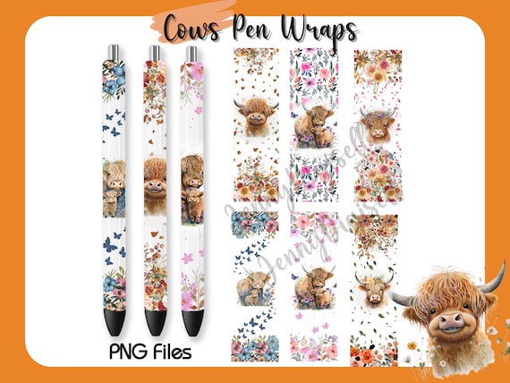 Highland Cows Pen Wraps Set of 6 Styles[PNG], Floral Highland cow pen wraps, Cow Pen Wraps [PNG]