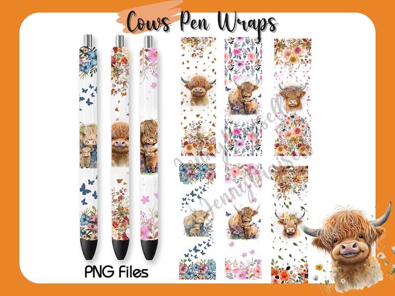 May include: A set of three pen wraps featuring a Highland cow with floral designs. The pen wraps are in blue, orange, and pink. The image also includes several other pen wraps with different floral and cow designs. The text "PNG Files" is at the bottom of the image.
