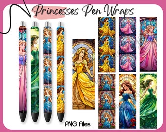 Princess Pen Wraps PNG, Set of 7 Styles Princess Pen Wraps, Stain Glass Princess Pen Wraps [PNG]