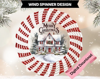 Peut inclure: Un motif de décoration de Noël pour un moulin à vent avec un motif à rayures rouges et blanches. Le centre présente une scène hivernale avec une maison et les mots "Merry Christmas". Le design comprend le texte "Wind Spinner Design" et "Digital Download".