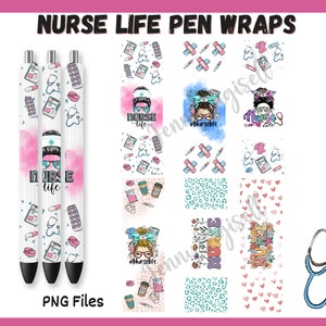 Può includere: Tre involucri per penne bianche con un design a tema infermiera rosa e blu. Il design include un'infermiera dei cartoni animati, pillole, bende e il testo "Nurse Life". Gli involucri per penne sono file PNG.