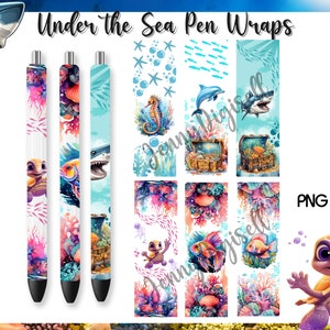 May include: Three colorful pen wraps featuring an underwater theme. The wraps feature a turtle, a fish, and a shark. The wraps are designed to be used on pens. PNG Files.