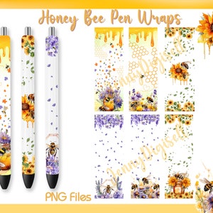 May include: Three white pen wraps with a honey bee and sunflower design. The wraps feature dripping honey, honeycomb, and lavender flowers. The text "Honey Bee Pen Wraps" and "PNG Files" are also included in the image.