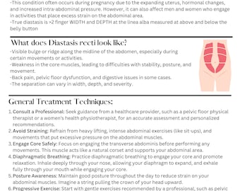 May include: A white and pink informational poster with the title "Diastasis Recti" and the subtitle "abdominal separation". The poster explains the condition, its symptoms, and general treatment techniques.