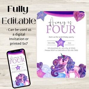 Purple Unicorn Birthday Invitation - Fully Editable