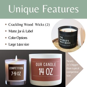 May include: Two candles, one black and one white, with wooden wicks. The black candle is labelled "The World's Best Boss" and the white candle is labelled "Our Candle 14 oz". The white candle is larger than the black candle. The text "Nearly 2x's bigger than typical competitor size" is also visible.