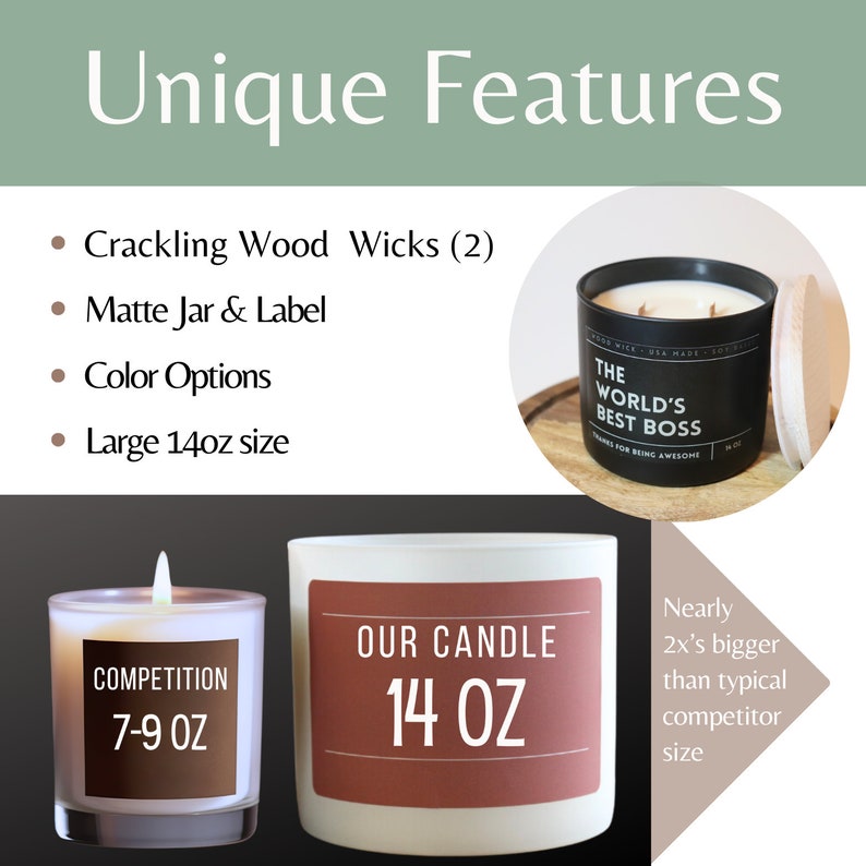 May include: Two candles, one black and one white, with wooden wicks. The black candle is labelled "The World's Best Boss" and the white candle is labelled "Our Candle 14 oz". The white candle is larger than the black candle. The text "Nearly 2x's bigger than typical competitor size" is also visible.
