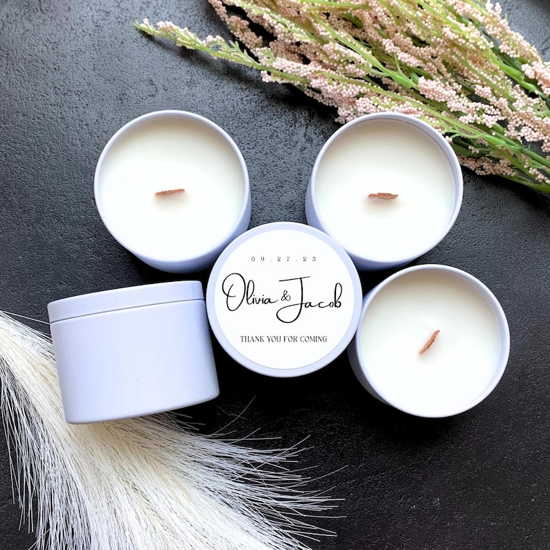 White Soy Candle Wedding Favors: Personalized Label, Wooden Wick (set ...