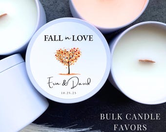 Fall Wedding Favors Bulk: White Soy Candle, Personalized Label, Set of 12