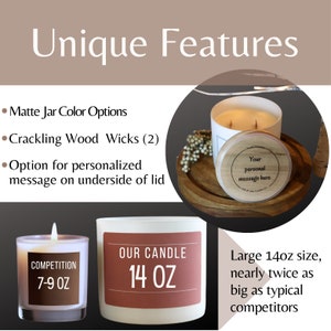 May include: A comparison of two candles, one with a 7-9 ounce capacity and the other with a 14 ounce capacity. The larger candle is labeled "OUR CANDLE" and has a red label. The smaller candle is labeled "COMPETITION". Both candles are in clear glass jars. The image also shows a larger candle with a wooden lid that has a personalized message on it. The text "Unique Features" is at the top of the image. The image highlights the unique features of the larger candle, including its size, personalized message, and crackling wood wicks.