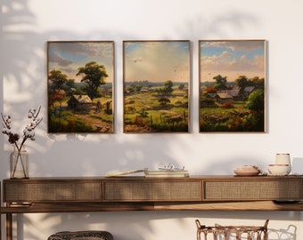 Peinture de campagne anglaise de style rustique, impression d'art de paysage de village, art mural de paysage, affiche de campagne, lot de 3 impressions d'art mural