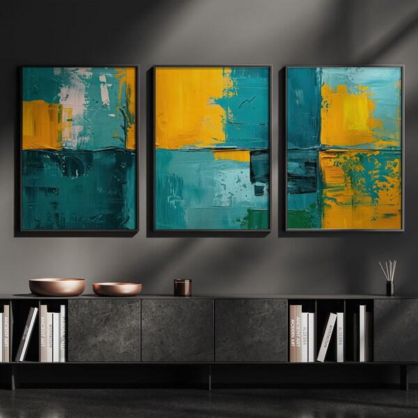 Teal Wall Art, Set Of 3 Wall Art Prints, Teal Wall Decor, Gold Wall Art, Teal Abstract Art, Living Room Decor, Printable Wall Art, JPG Files