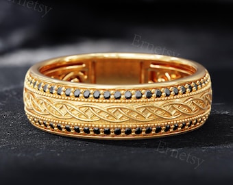 Unique Black Spinel Wedding Band, Handcrafted Celtic Braid Ring, Delicate Engraved Ring for Him, Men's Gold Ring, Vintage Anniversary Gift
