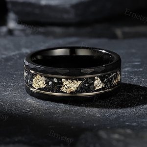 Men Meteorite Ring |  Black Wedding Ring | Gold Leaf Wedding Band | 8MM Tungsten Ring |  Anniversary Ring | Unique Promise Ring Gift For Him