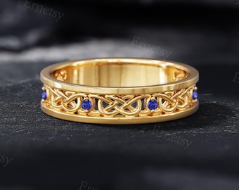 Lab Sapphire Mens Wedding Band, Openwork Twisted Design, Handmade 10K Yellow Gold Ring