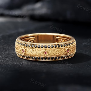 Gothic Lab Ruby & Black Spinel Wedding Band: Silver Mens Ring, Custom Engraved Anniversary Ring