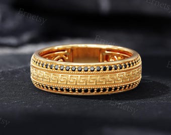 Handcrafted Greek Key Mens Wedding Band, Unique Black Spinel Ring, Milgrain Half Eternity Band, Delicate Engraved Gold Ring, Gift for Him