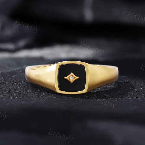 Mens Black Onyx Signet Ring, Vintage Yellow Gold Pinky Ring, Moissanite Statement Ring, Male Wedding Band, Anniversary Gift for Him