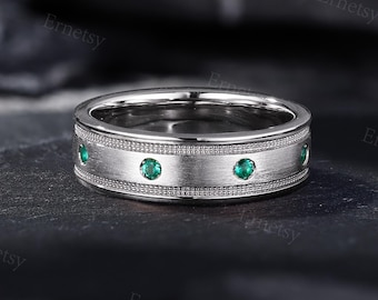 Handcrafted Lab Emerald Male Wedding Band, Silver Men's Wedding Ring, Personalized Engraving Ring,  Anniversary Promise Ring, Gifts for Him