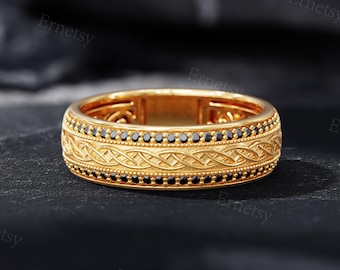 Unique Black Spinel Wedding Band, Handcrafted Celtic Braid Ring, Delicate Engraved Ring for Him, Men's Gold Ring, Vintage Anniversary Gift