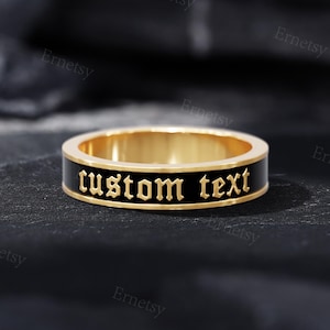 Men's Black & Gold Ring with Gothic Lettering, Modern Solid Gold Male Wedding Band, Unique Ring for Him, Custom Text Ring - e.g., Til Death