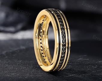 Men's Black Spinel Eternity Wedding Band, Handmade 5mm Width 10K Yellow Gold Band Ring, Delicate Engraved Ring for Him, Anniversary Band