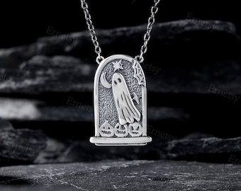 Dark Ghost Pendant Necklace, Handmade Oxidized Silver Tombstone Pendant, Personalized Engraving Gifts for Him by Ernetsys