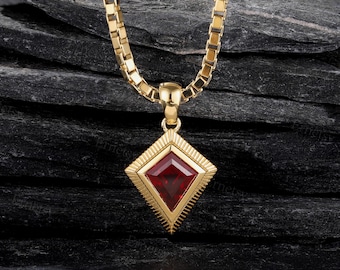 Modern Kite-shape Lab Ruby Pendant, Yellow Gold Plated Box Chain Necklace, Handmade Hip Hop Birthday Anniversary Gift for Him