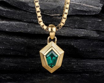 Vintage Shield-shaped Lab Emerald Pendant, Yellow Gold Plated Box chain Necklace, Hip Hop Birthday Anniversary Gift for Him
