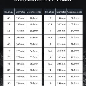 May include: A ring size chart with the text "GOODRINGS SIZE CHART" at the top. The chart lists ring sizes from 4.5 to 15, with corresponding diameters in millimeters and circumferences in millimeters. The brand name "Ernestys" is at the bottom.